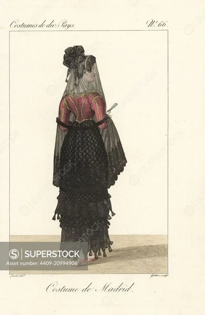 Woman of Madrid, Spain, 19th century. She wears a seethrough mantilla veil with black ribbons, coral pink bodice, fringed basquina dress and carries a fan. Handcoloured copperplate engraving by Georges Jacques Gatine after an illustration by Louis Marie Lante from Costumes of Various Countries, Costumes de Divers Pays, Paris, 1827.