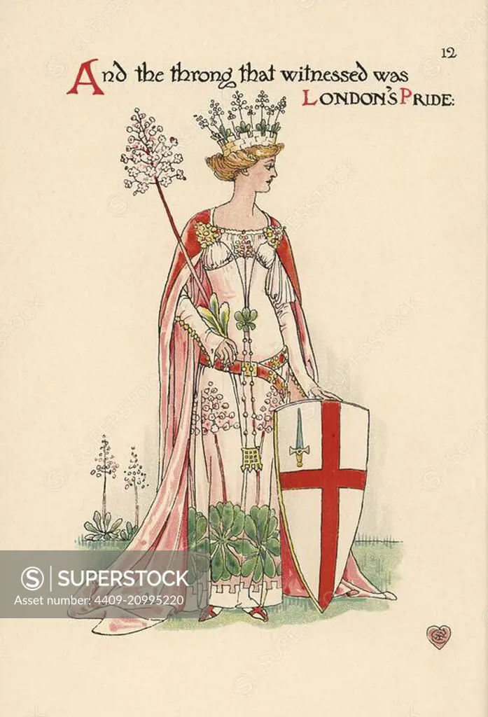 Flower fairy of London pride, Saxifraga × urbium, woman with crenellated crown, medieval dress, escutcheon with cross of St. George and sword. Chromolithograph after an illustration by Walter Crane from A Flower Wedding, Cassell, London, 1905.