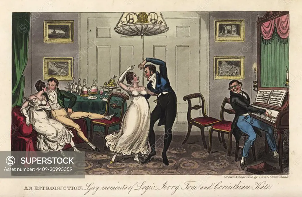 English Georgian dandy and belle dancing a waltz while a man plays the piano in a parlour. An Introduction: Gay moments of Logic, Jerry, Tom and Corinthian Kate. Handcoloured copperplate engraving by Isaac Robert Cruikshank and George Cruikshank from Pierce Egan's Life in London, Sherwood, Jones, London, 1823.