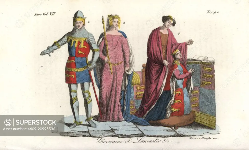 Edward the Black Prince (kneeling) and Joan of Kent 4, Queen Philippa of Hainault with sceptre and crown 3, and King Richard II in chainmail and plate armour 4. Handcoloured copperplate engraving by Giarre and Stanghi from Giulio Ferrario's Costumes Ancient and Modern of the Peoples of the World, Florence, 1847.