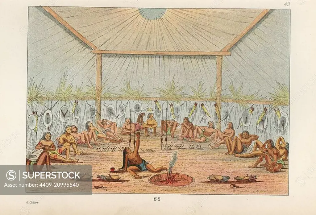 Mandan religious ceremony. The keeper of the ceremonies, O-kee-pah ka-se-kah, praying by the fire in a lodge with young men of the village. Handcoloured lithograph from George Catlin's Manners, Customs and Condition of the North American Indians, London, 1841.