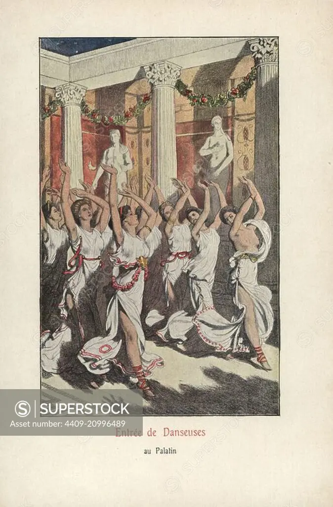 Entrance of the women dancers to the Palatine, Rome. Colour printed illustration by Auguste Leroux from Felicien Champsaur's novel L'Orgie Latine (Roman Orgy), Fasquelle, Paris, 1903.