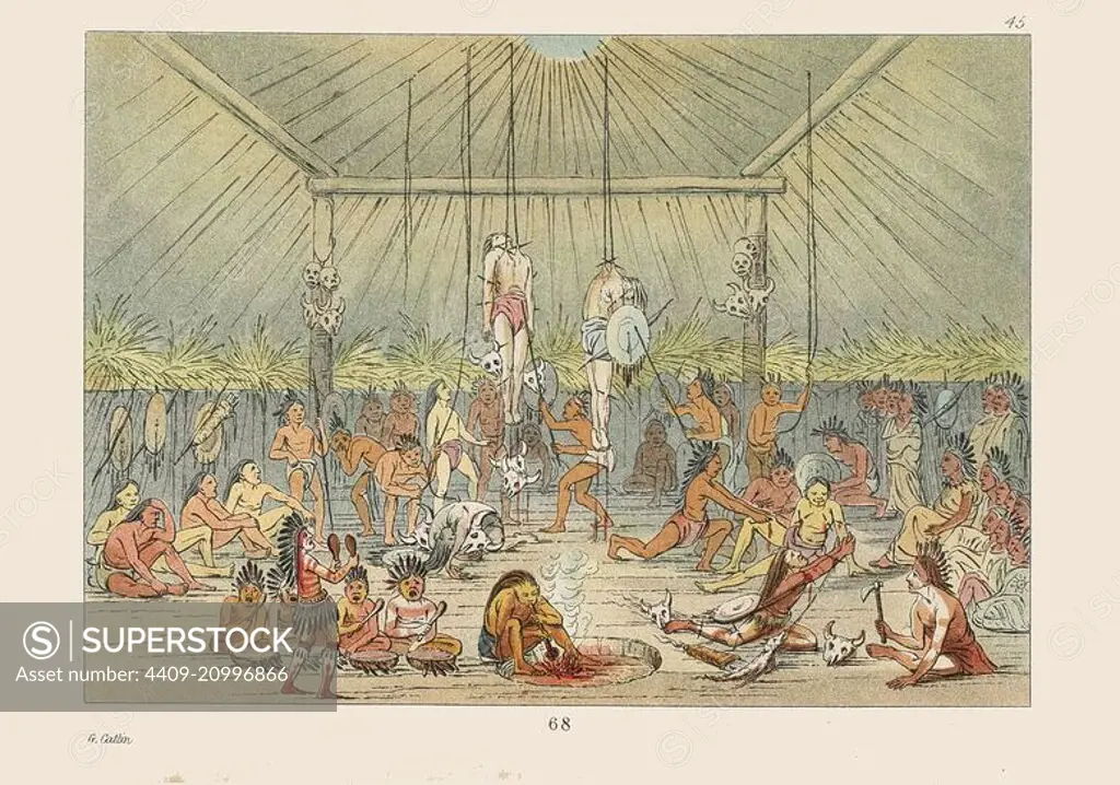 Mandan religious ceremony - the body suspension ritual, part of the four-day O-Kee-Pa buffalo dance. Young men are suspended by the skin from scaffolds and hung with shields and bison skulls. Handcoloured lithograph from George Catlin's Manners, Customs and Condition of the North American Indians, London, 1841.