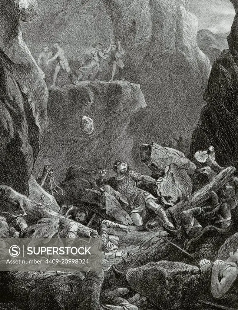 Charlemagne campaign in the Iberian Peninsula. The Battle of Roncevaux Pass in 778. Death of Frankish military leader Roland and his men, killed by rebellious Basques in August 15, 778. Engraving. "Historia de Espan_a", 19th century.