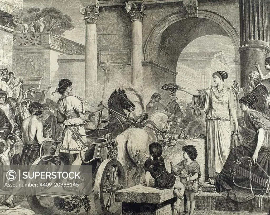 Ancient Greece. Olympic Games. Entrance of the winner in chariot racing. Engraving.