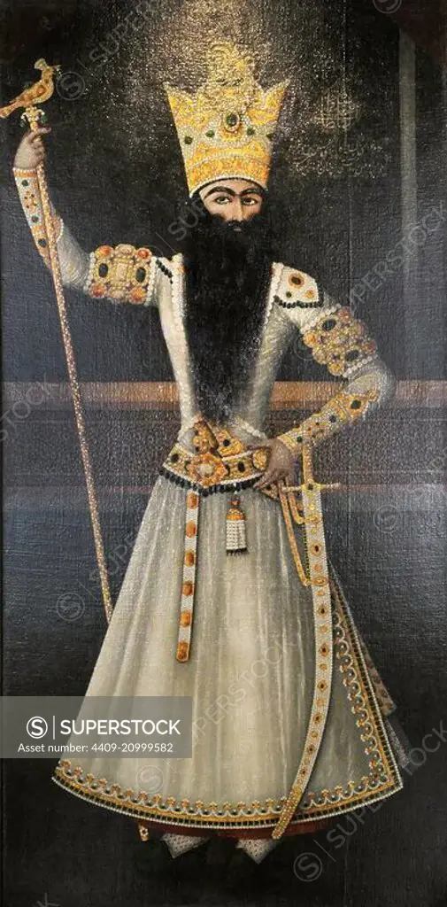 Fath-Ali Shah Qajar (1772-1834). Second Qajar king of Persia. Portrait by the Persian painter Mihr 'Ali (fl.1795-post 1830), Iran. 1809-1810. Oil on canvas. The State Hermitage Museum. Saint Petersburg. Russia.