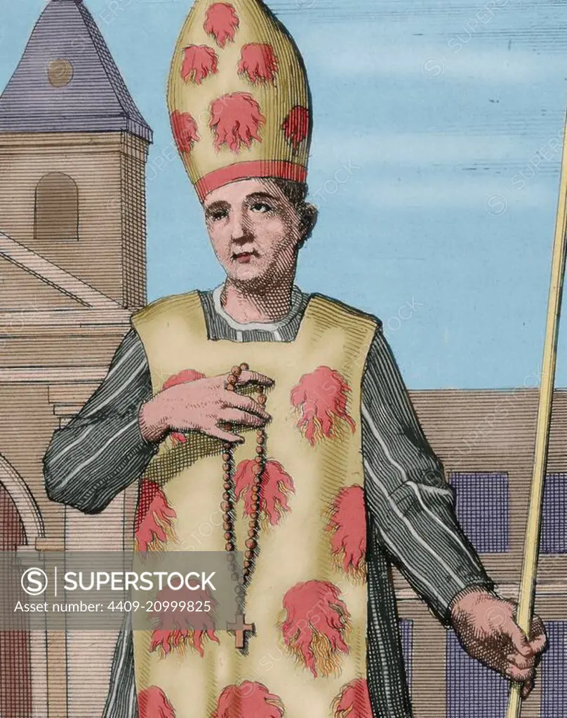 Convicted heretic before the Inquisition wearing a Fuego Revolto. Engraving. 1692. Colored.