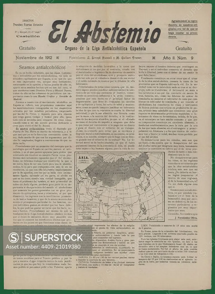 Portada del periódico El Abstemio, órgano de la Liga antialcohólica española. Editado en Castellón de la Plana, noviembre de 1912.