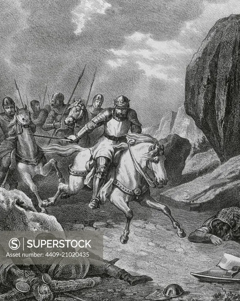 1383-1385 Portuguese interregnum. Battle of Aljubarrota,14 August 1385. It took place between the Kingdom of Portugal under John I of Portugal (1358-1433) and the Crown of Castile under John I of Castile (1358-1390). The result was a victory for the Portuguese, ruling out Castilian ambitions to the Portuguese throne and assuring John as King of Portugal. Engraving. "Historia de Espan_a Ilustrada", 1871.