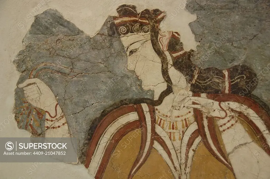 Mycenaean art. Greece. Fresco of the Lady of Mycenae or the Mycenaean. 13th century B.C. It depicts a goddess. Found at Mycenae in 1970. National Archaeological Museum. Athens.