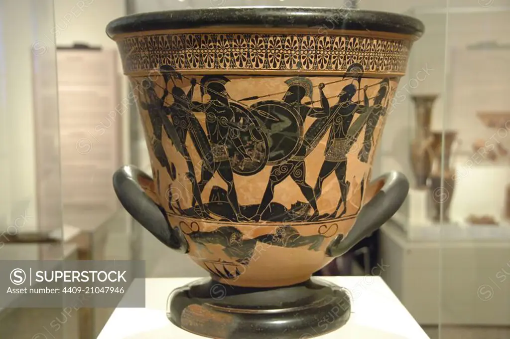 Greek art. Attic krater painted with black figures representing an Homeric battle around the body of a dead warrior (possibly Patroclus). Found at Pharsala. Dated circa 530 BCE. National Archaeological Museum. Athens. Greece.