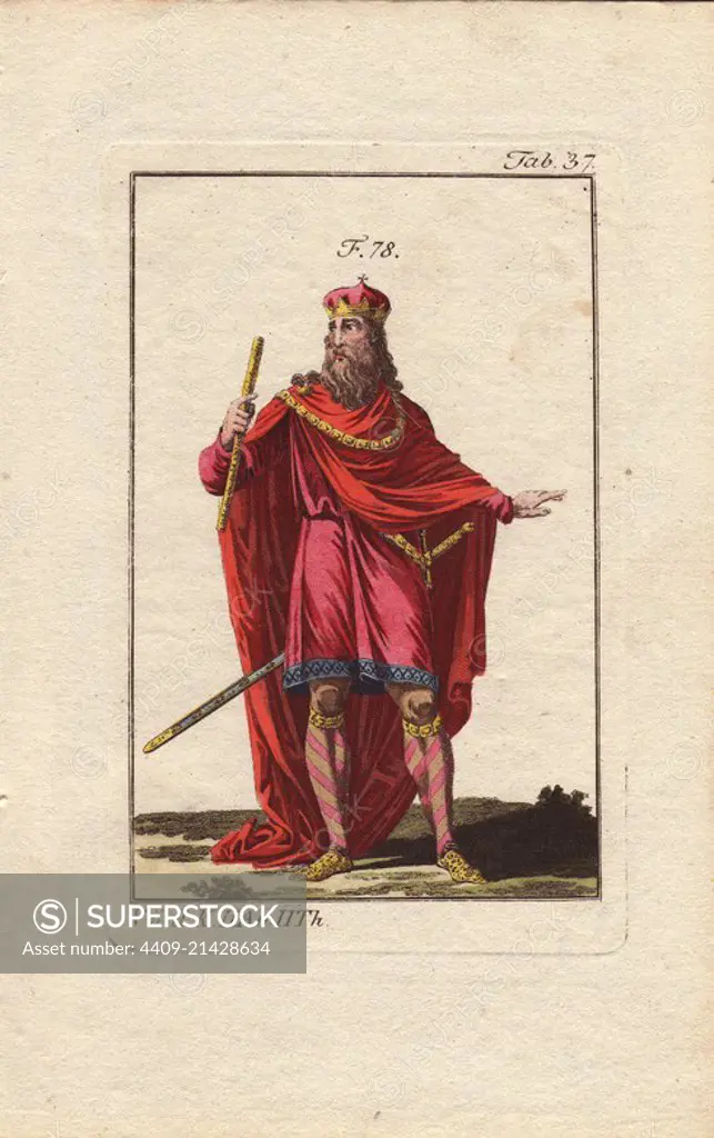 Charlemagne (742~814) was King of the Franks from 768 to his death. He is also known as Charles I, Karl der Grosse of Germany and Carolus Magnus of the Holy Roman Empire.. . "The ordinary clothes of Charlemagne consisted of a shirt, tunic, breeches (culottes), ribbons tied around the calves, shoes, belt and sword. He wore in winter a thorax, which covered the chest, and a garment called the Venetian mantle.". . "Charlemagne never appeared in public without his sword; the belt and hilt were of si