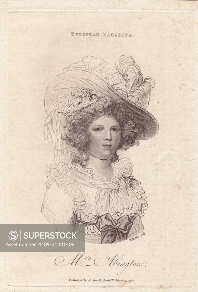 Mrs. Frances Abington (1737-1815), English actress who performed at Drury Lane and Covent Garden. In bonnet with plumes and veil, dress with lacey collar and large ribbon bow tied at the bosom.. Portrait by R. Cosway, engraved by W. Ridley, from the European Magazine 1798.