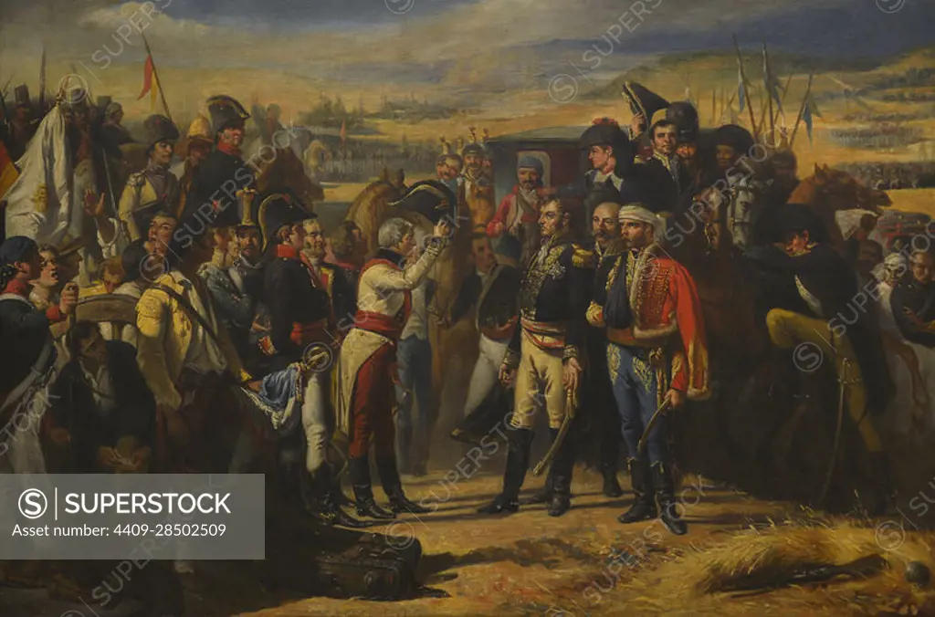 Peninsular War. Battle of Bailen. First victory of the Spanish army led by General Castaños (July 19, 1808). "The Surrender of Bailen". The Generals Francisco Javier Castaños (1756-1851) and Pierre Antoine Dupont (1765-1838). Copy by Jose Maria Alarcon y Carceles (1848-1904) of the original painting by Jose Casado del Alisal, 1879. Oil on canvas. Army Museum. Toledo, Spain. Author: José María Alarcón y Cárceles (1848-1904). Spanish painter.