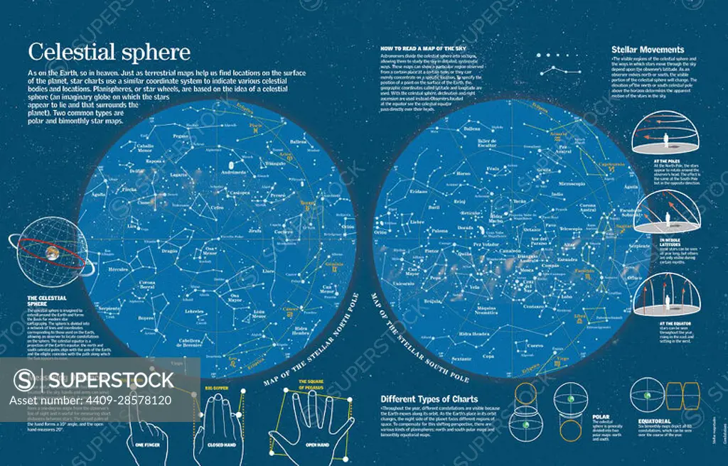 Infographic about north and south pole celestial maps, where star constellations are located. QuarkXPress (.qxp); 6259x4015.