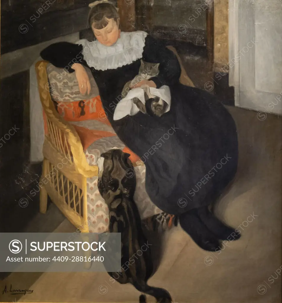 Ángel Larroque, Girl whit a cat, 1895, oil on canvas, Museo de Bellas  Artes, Bilbao, Spain. - SuperStock