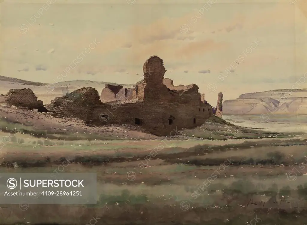 Pueblo Bonito Ruin Chaco Canyon New Mexico. watercolor. Date