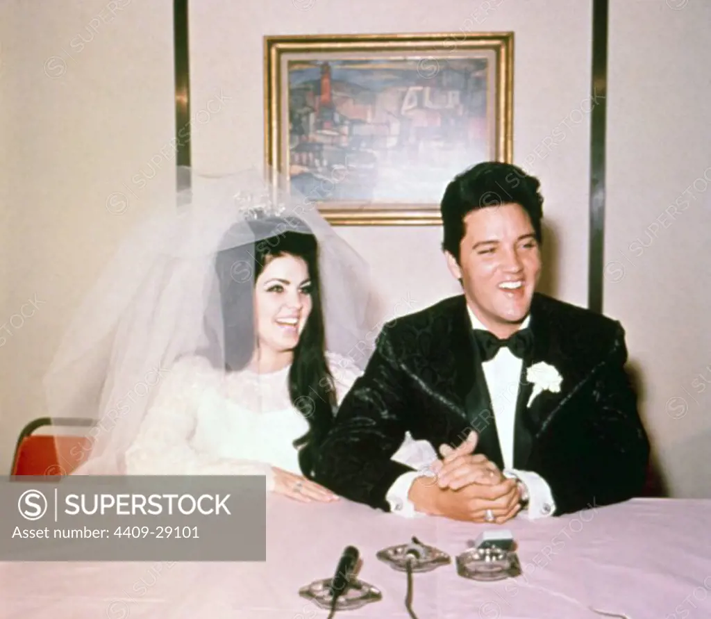 The American singer Elvis Presley at his wedding with Priscilla Presley in 1967.