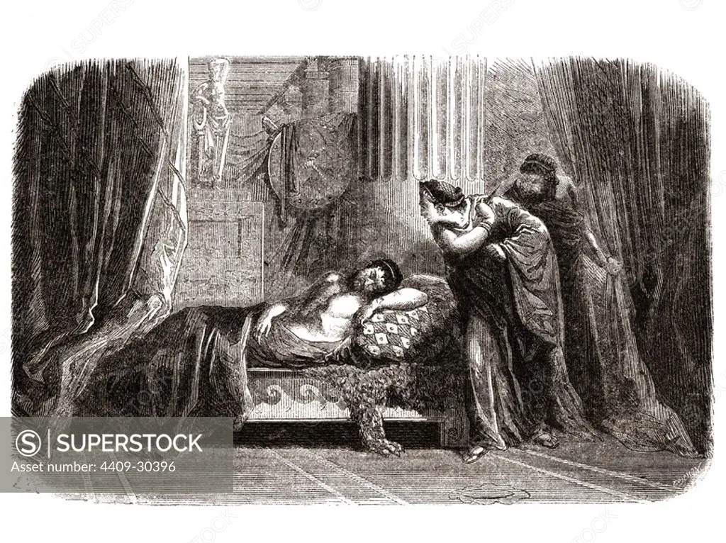 Agamenón, Rey legendario de Argos y Micenas, asesinado por su esposa, Clitemnestra, y su amante, Egisto. Grabado de 1866.