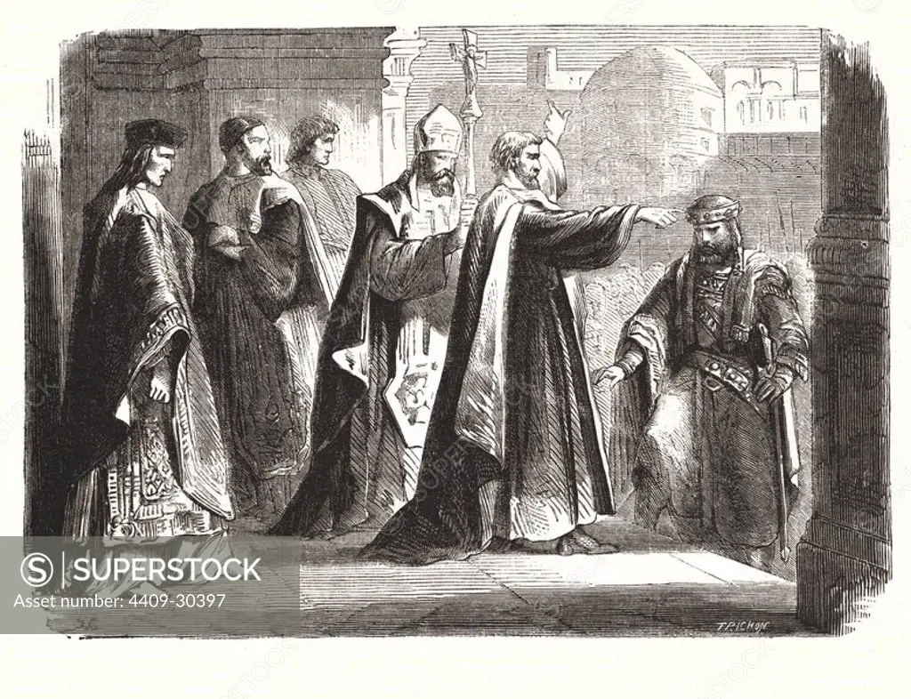 San Ambrosio (340-397). Padre y doctor de la iglesia latina. Tras la matanza de Tesalónica (390) prohibió al Emperador Teodosio su entrada en Milán. Grabado de 1866.