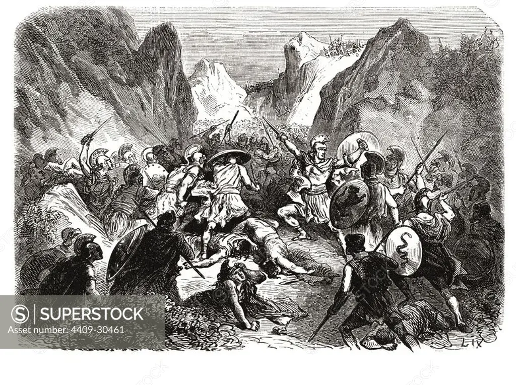 Leónidas I (-480 a.JC). Rey de Esparta. Trescientos guerreros espartanos defendieron hasta la muerte el paso de las Termópilas ante el ejército persa de Jerjes. Grabado de 1866.