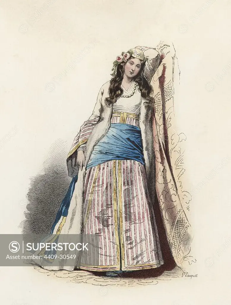 Joven mujer griega en la Edad Moderna. Grabado en color de 1870