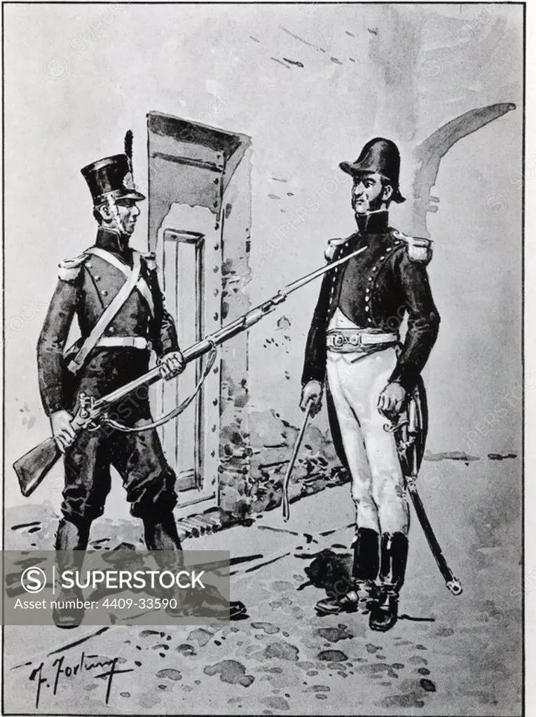 Historia de Argentina. Siglo XIX. Un centinela impide el paso del general San Martín, en cumplimiento de sus obligaciones, a finales de 1817. Author: FORTUNY FRANCISCO.