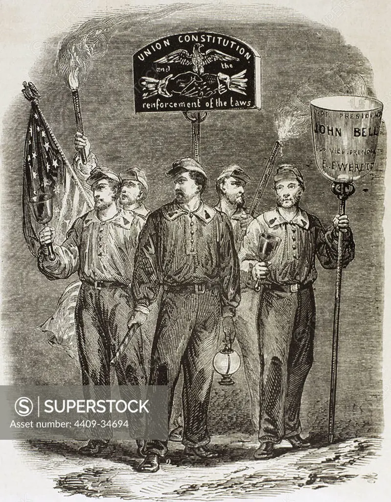 United States. Party supporters of John Bell, candidate of the Constitutional Union Party. Engraving from "L'Illustration Journal Universel, 1860.