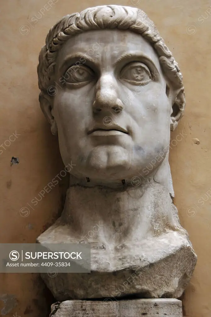 Constantine the Great (Flavius Valerius Aurelius Constantinus Augustus) (272-337). Roman Emperor from 306-337. Know for being the first roman emperor to convert to christianity. Head of Constantine's colossal statue. Capitoline Museums. Rome. Italy.