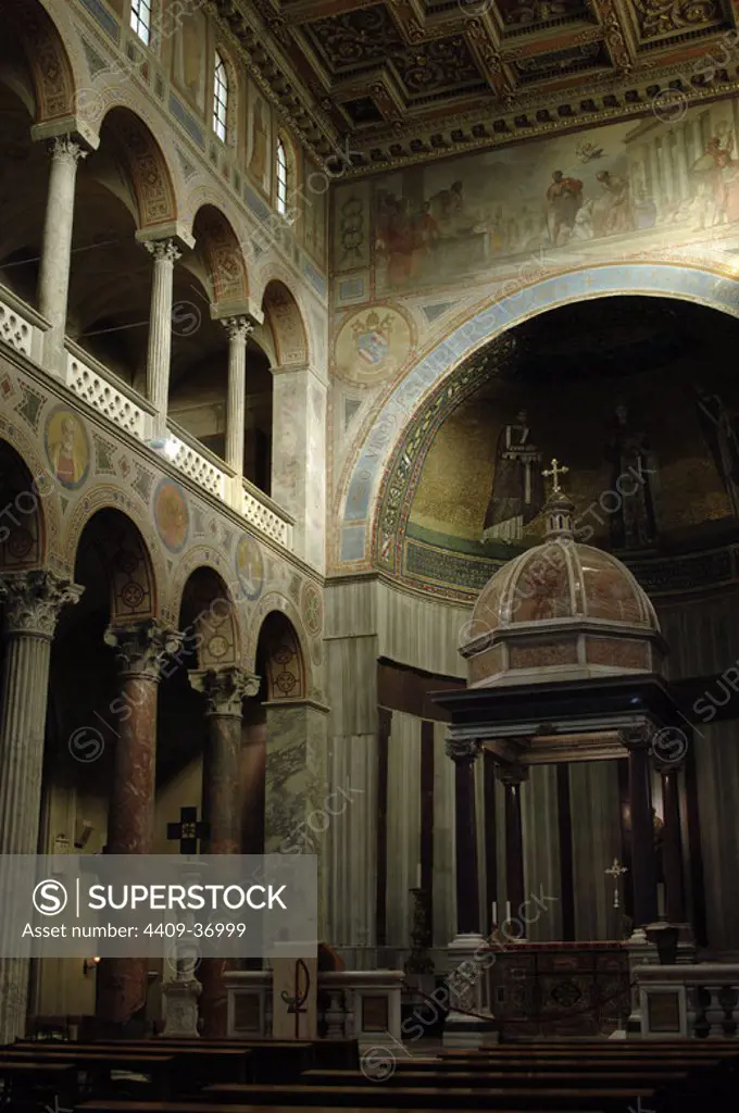 Italy. Rome. Church of Saint Agnes Outside the Walls. The current building rebuilt by Pope Honorius I, 7th century. Interior. Altar and apse.