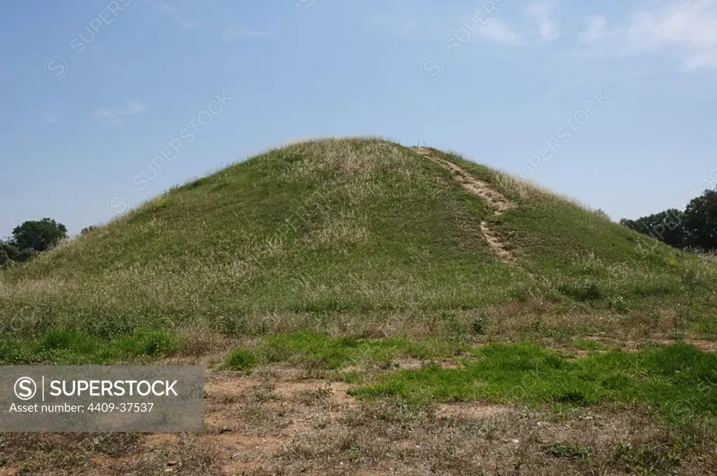 Soros or Tumulus of Marathon. Burial mound for the 192 athenian dead at the Battle of Marathon (490 BC) between Persians and athenian army. Near Athens. Greece.