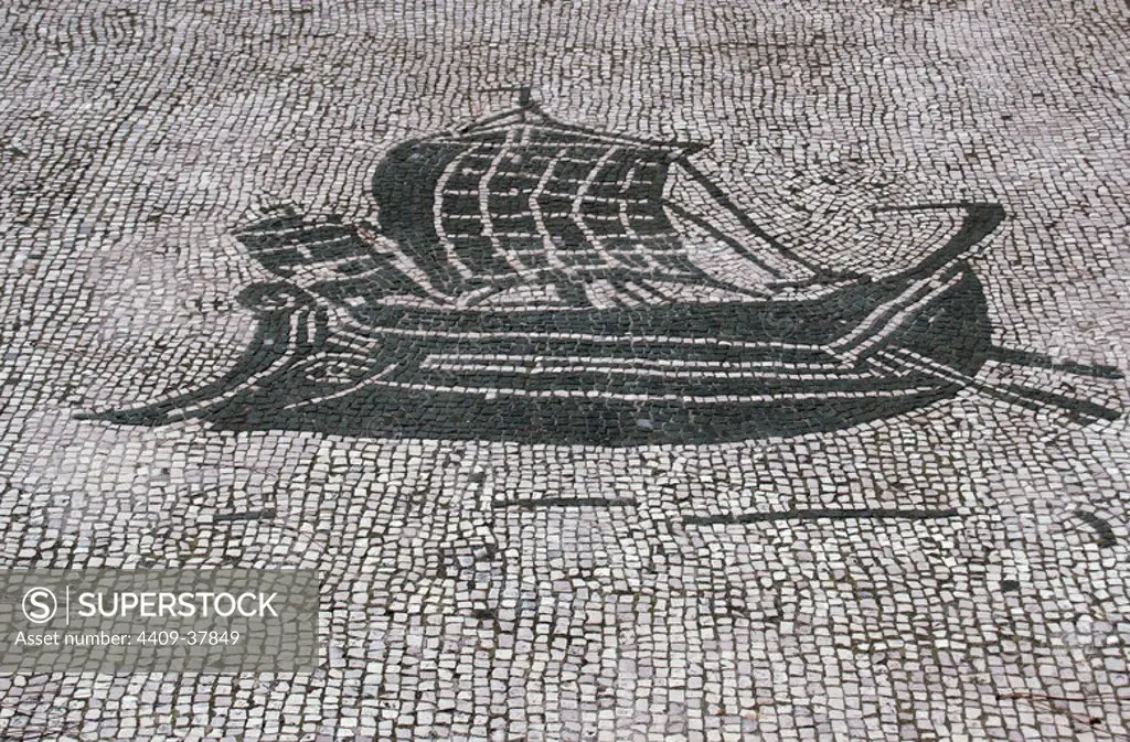 Roman mosaic. Commercial boat. From the Forum of the Corporations or Piazza delle Corporazione. Ostia Antica. Italy.