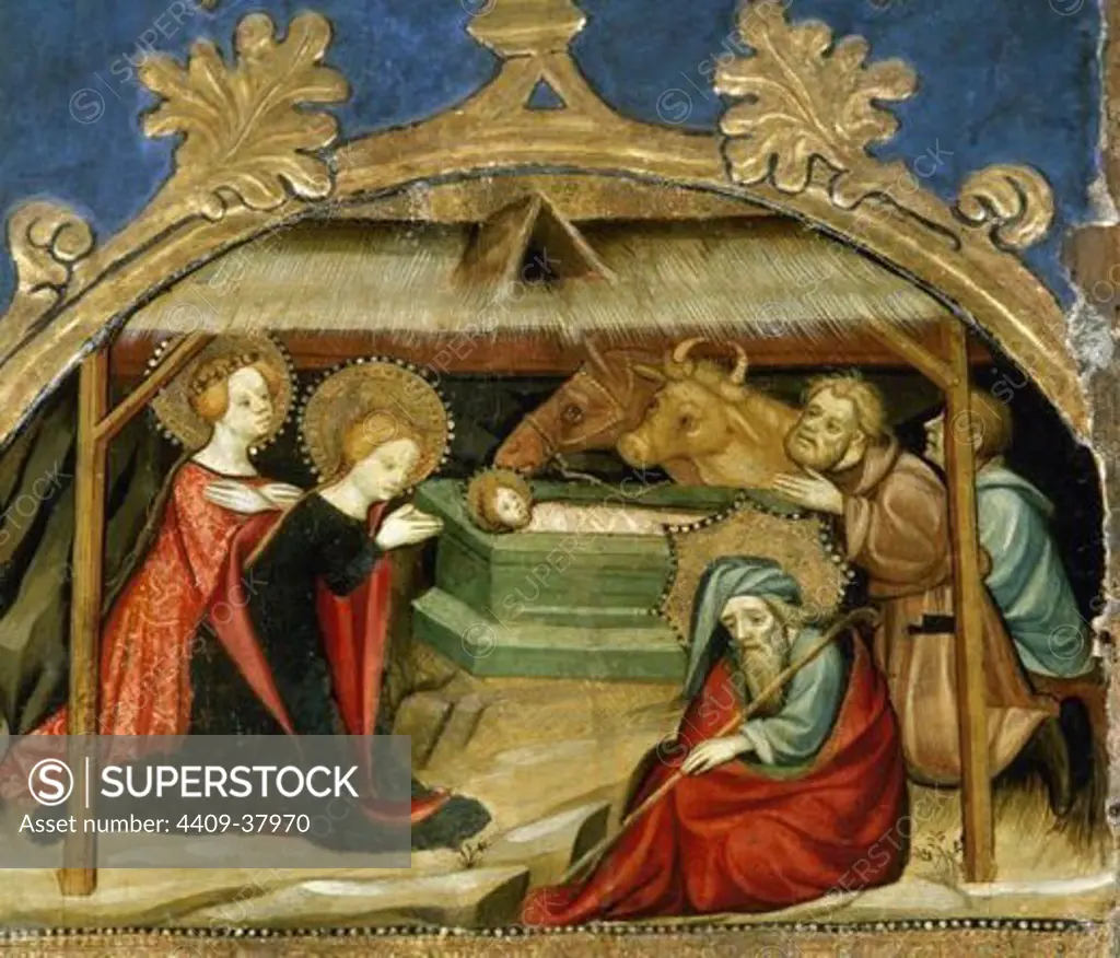 ARTE GOTICO. ESPAÑA. S. XV. JOAN MATES (activo entre 1390 y 1431). "LA NATIVIDAD". Detalle del RETABLO DE SANTIAGO EL MAYOR. Pintura al temple sobre tabla. Primera mitad del s. XV. Procede de la Iglesia de Sant Jaume de Vallespinosa (Conca de Barberà). Museo Diocesano de Tarragona. Cataluña.