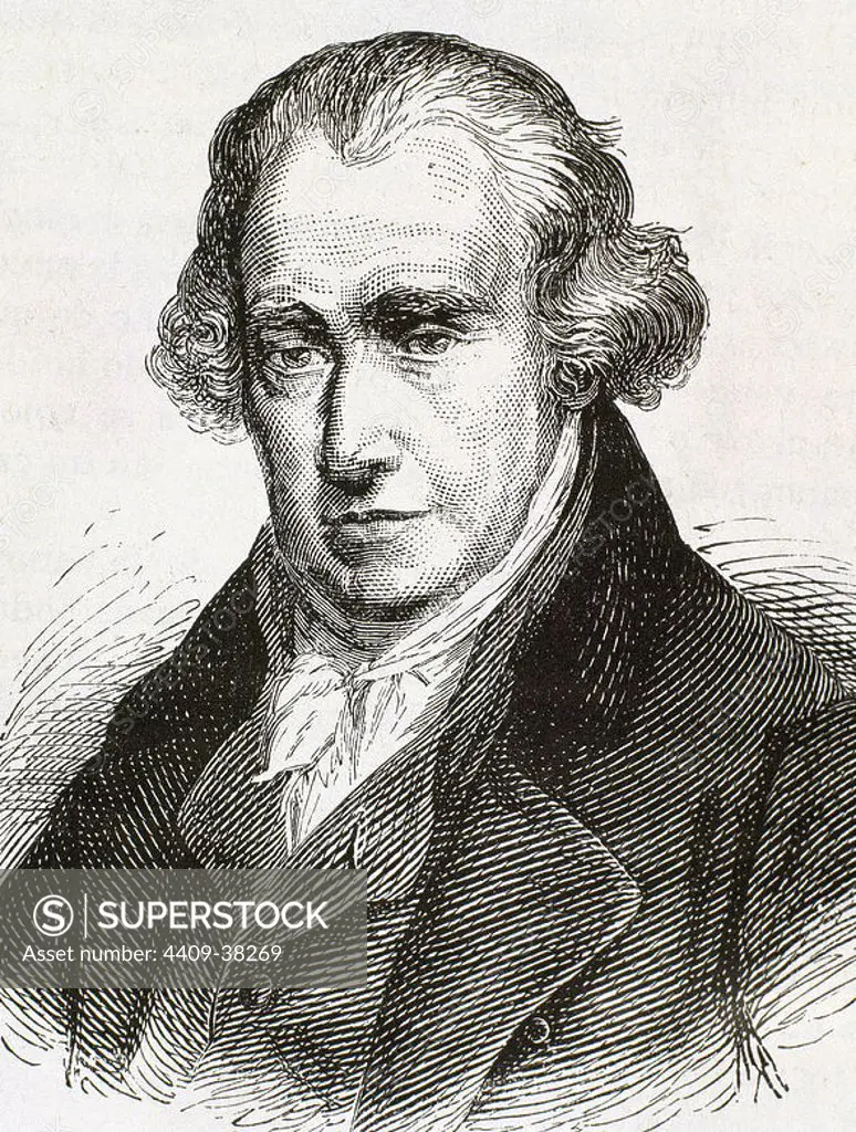 JAMES WATT (1736/1819) Scottish inventor, mechanical engineer, and chemist who improved on Thomas Newcomen's 1712 Newcomen steam engine with his Watt steam engine in 1781. 18th century. ENGRAVING.