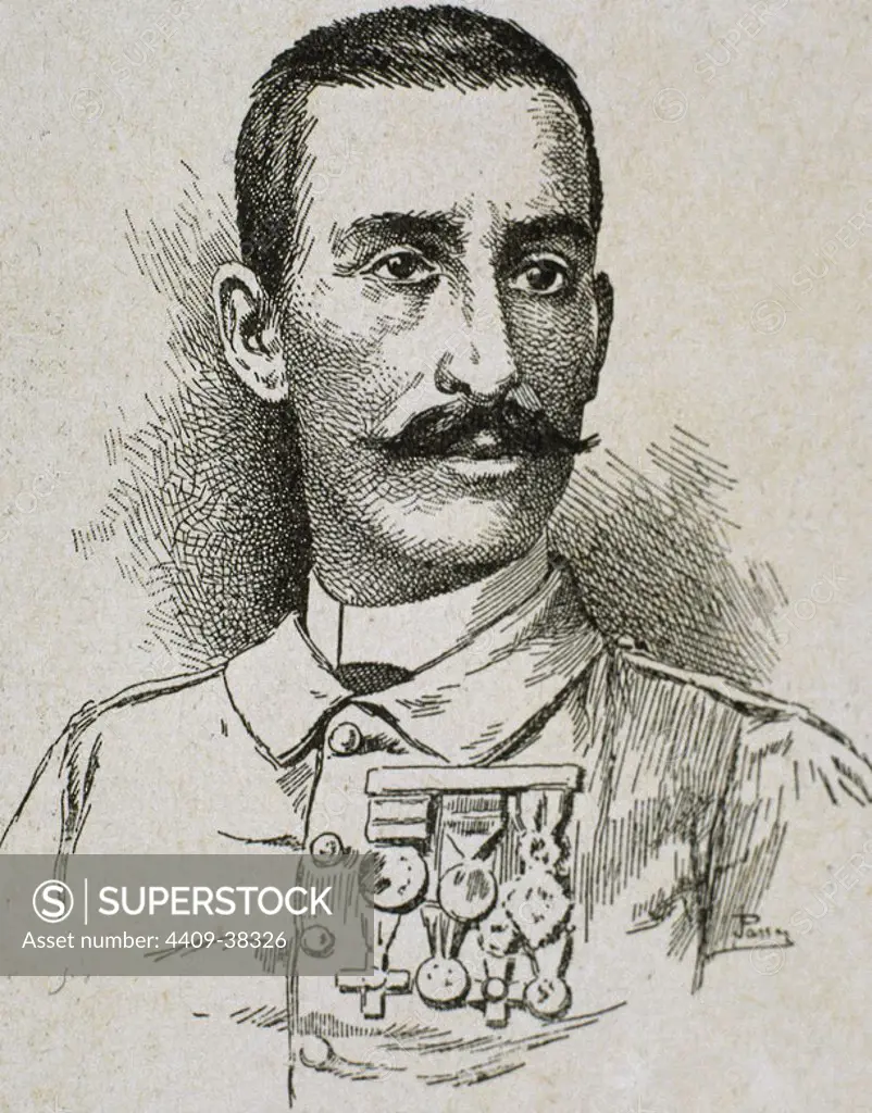 Francisco Cirujeda,(1850-1920). Spanish Lieutenant Colonel. Engraving by Passos.