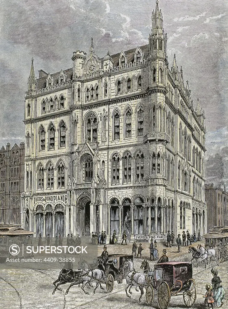 Masonic temple opened in 1867, at the intersection of Tremont Street and Boyleston Street. Outside view. Boston. 1895. Massachusetts. United States.