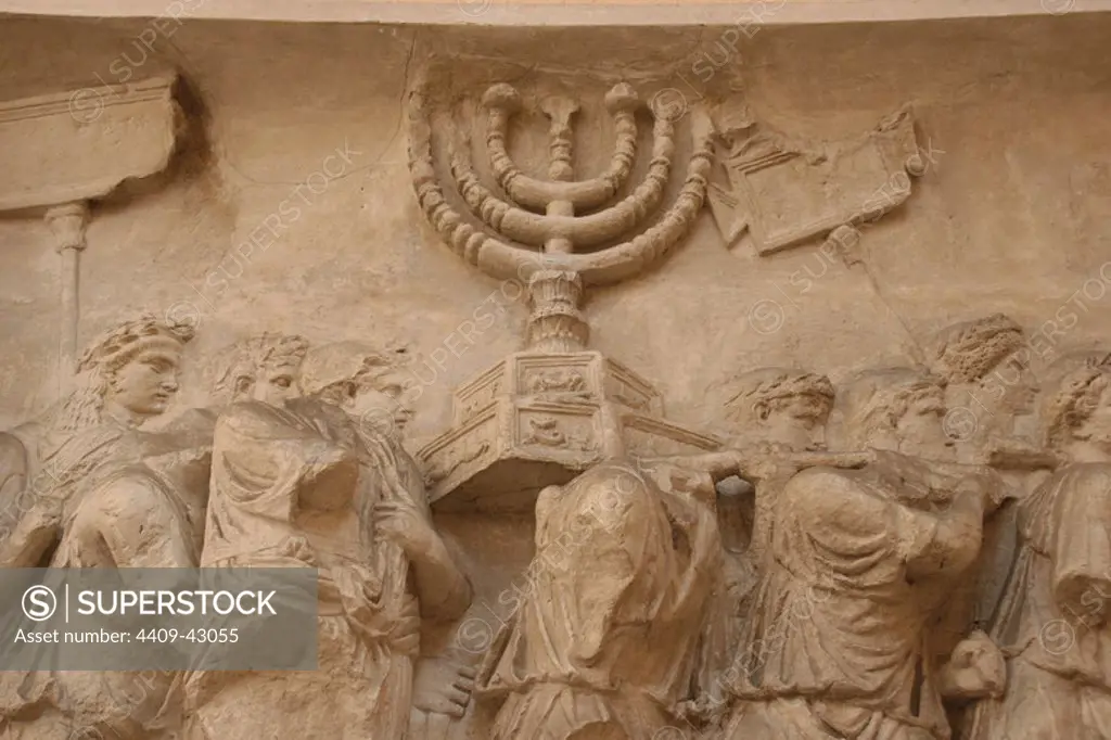 Roman Art. Arch of Titus. Triumphal arch, with a single arched, located on the Via Sacra. South-East of the Forum. It was constructed by the emperor Domitian commemorating the capture and sack of Jerusalem in 70 (Jewish war). Detail from the arch of Titus showing spoil from the sack of Jerusalem. Duplicate. Museum of Roman Civilization (Museo della Civilita Romana). Rome. Italy. Europe.