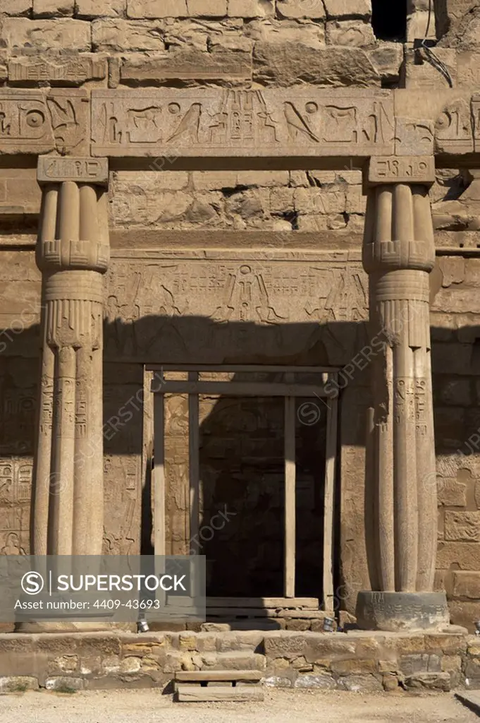 Luxor temple. Chapel dedicated to the Theban triad formed by the gods Amun, Mut and Khonsu. North side of the first court of Ramses II. New Empire. Egypt.