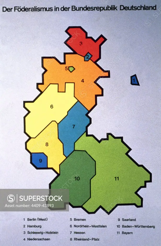 History of Germany (1949-1990). Map of the Federal Republic of Germany. Lander.