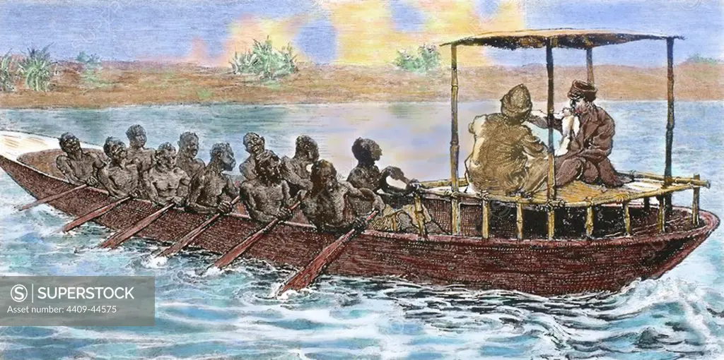 Stanley and Livingstone in a canoe from the village Ujiji in Ruzizi river. Colored engraving.