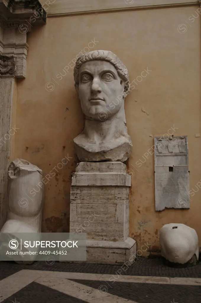 Constantine the Great (Flavius Valerius Aurelius Constantinus Augustus) (272-337). Roman Emperor from 306-337. Know for being the first roman emperor to convert to christianity. Head of Constantine's colossal statue. Capitoline Museums. Rome. Italy.