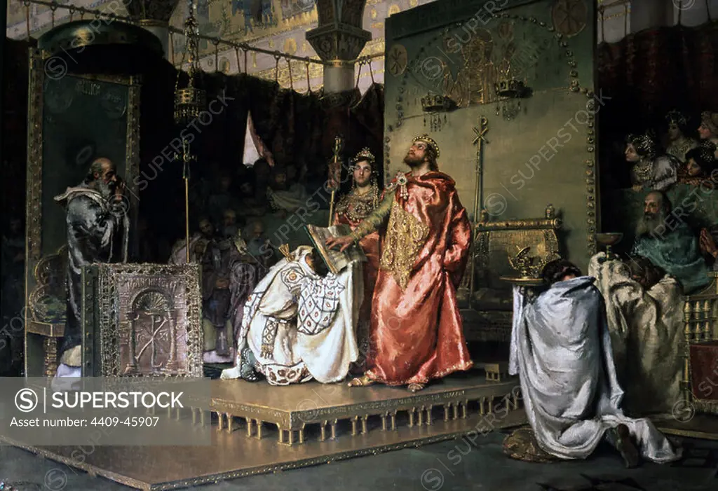 RECCARED I (586-601). Visigothic king. "The Reccared conversion". Oil on canvas by Antonio MuO`oz Degrain made in 1888. The Visigoth king with his wife and against Saint Leander renounce and becomes Arianism to Catholicism (587). Senate Building. Madrid. Spain.