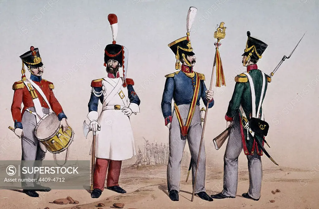 Military uniforms from the 19th century (1821). Drummer, sapper, leonifero and soldier of light infantry.. Archives of the military history, Madrid. Author: JOSE RUBIO DE VILLEGAS. Location: ARCHIVO HISTORICO MILITAR. MADRID. SPAIN.