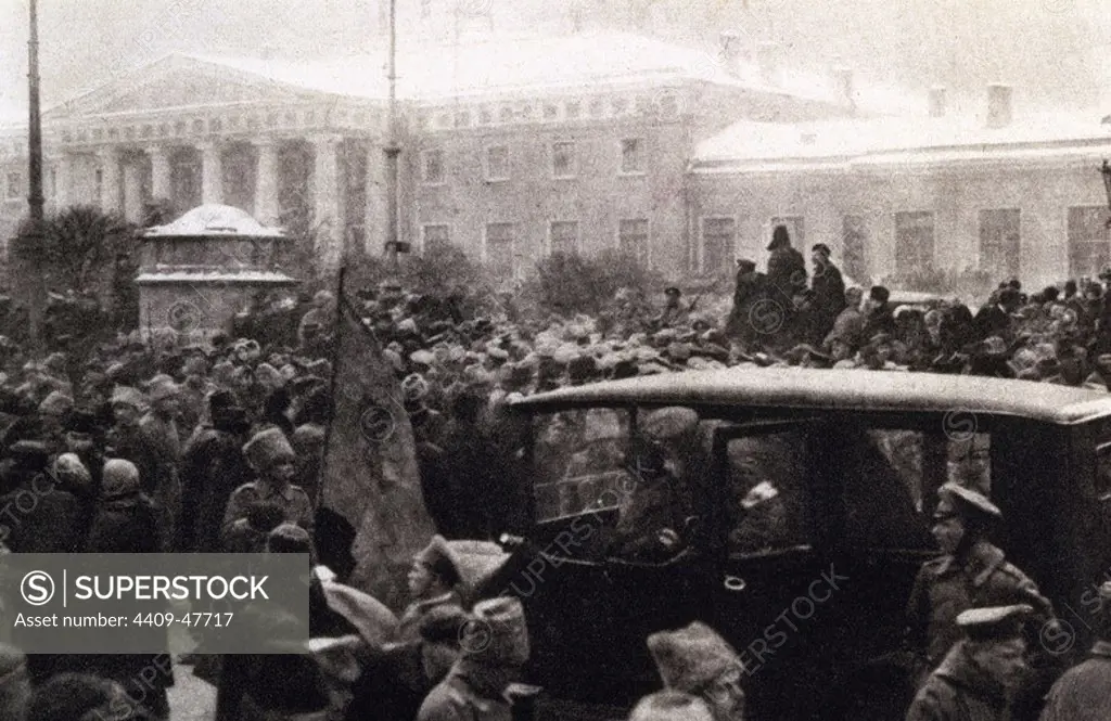 Russian Revolution. October 1917. Demonstration outside the Tauride Palace on 14 March 1917. St. Petersburg. Russia.