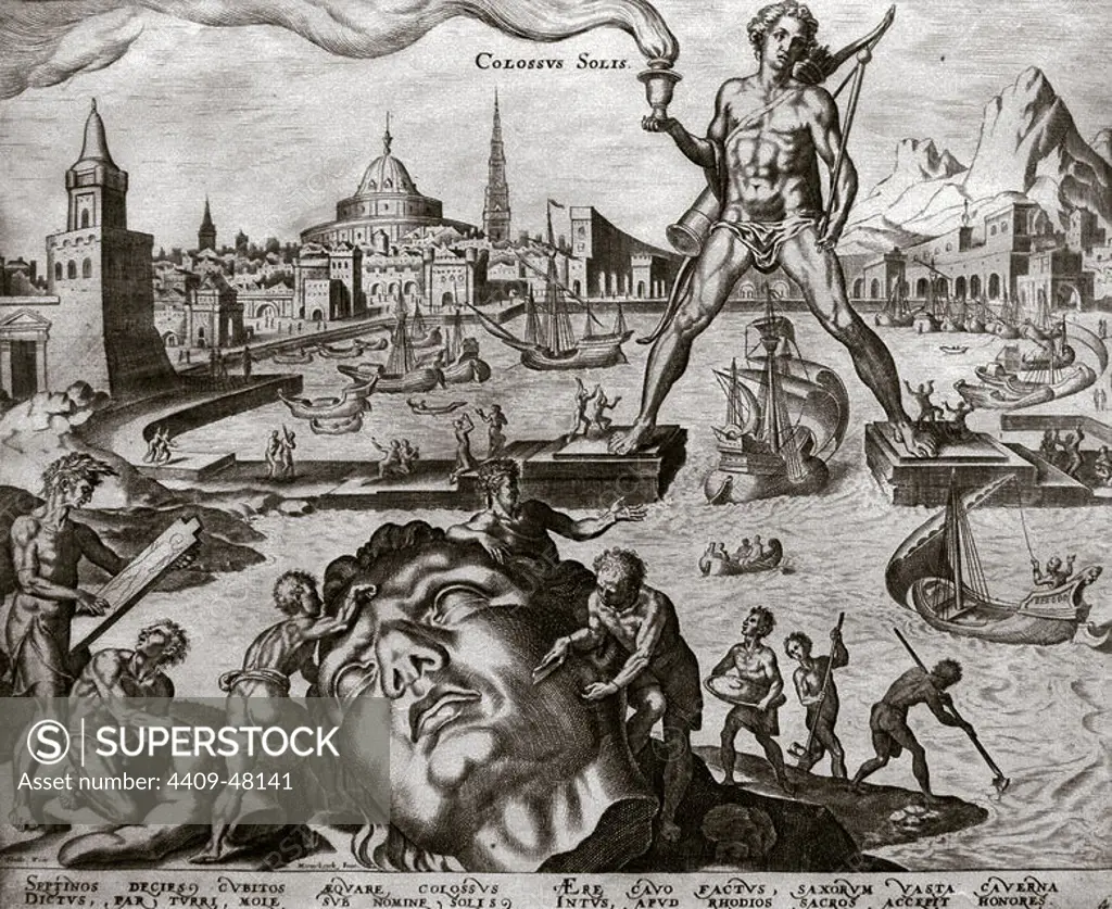 Seven Wonders of the Ancient World. The Colossus of Rhodes. Engraving by Philip Galle (1537-1612) after Martin van Heemskerck (1498-1574). 16th century. The Nelson-Atkins Museum of Art. Kansas City. United States.