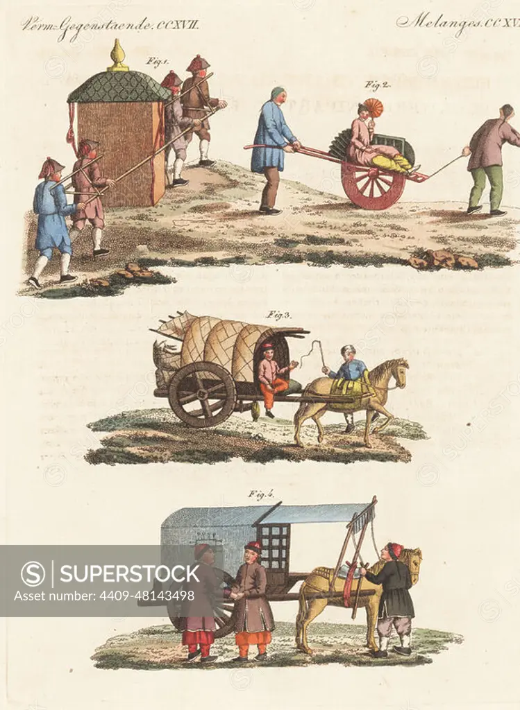 Methods of transport in China, Qing dynasty, 1800s. Palanquin or sedan chair of a mandarin 1, Tatar woman riding on a barrow drawn by two servants 2, stage cart or wagon 3, and carriage of a young noble 4. Copied from an illustration by Antoine Cardon in Jean Baptiste Joseph Breton's La Chine en miniature, 1811. Handcoloured copperplate engraving from Carl Bertuch's Bilderbuch fur Kinder (Picture Book for Children), Weimar, 1815.