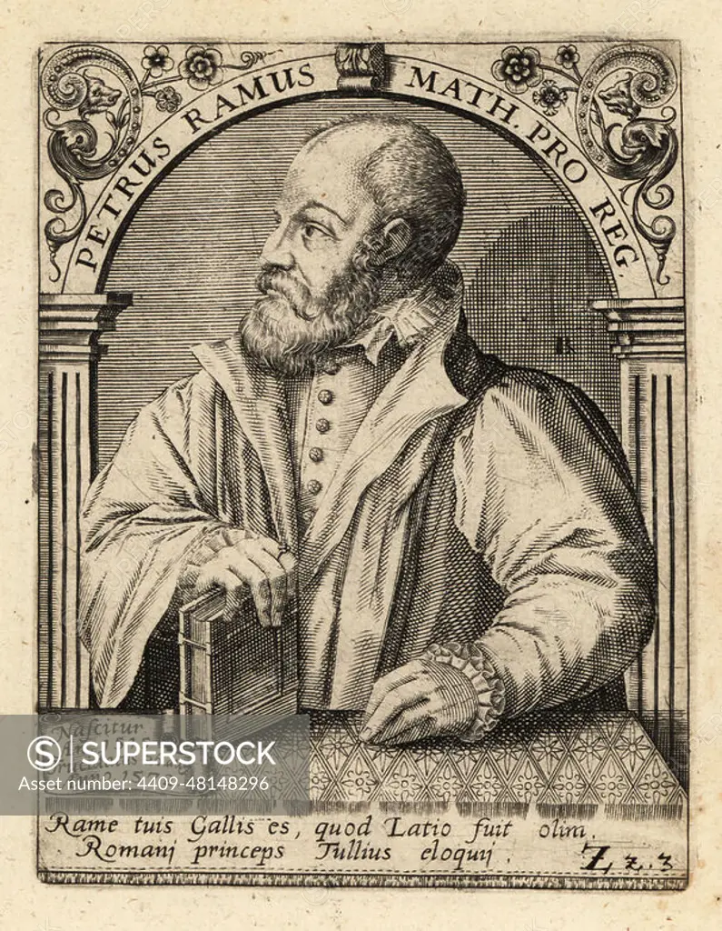 Petrus Ramus, French humanist, logician and educational reformer, 1515-1572. Petrus Ramus Math. Pro Reg. Copperplate engraving by Johann Theodore de Bry from Jean-Jacques Boissards Bibliotheca Chalcographica, Johann Ammonius, Frankfurt, 1650.