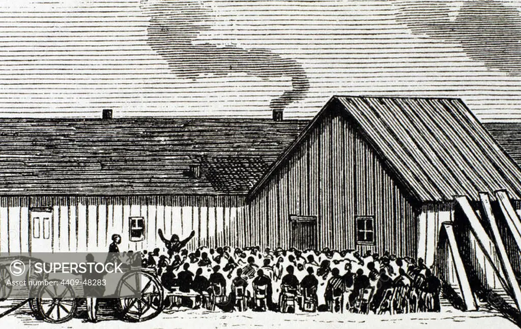 United States. Kansas. Mennonite religious service outside the hut. Engraving of the newspaper "Frank Leslie's" "(1875).