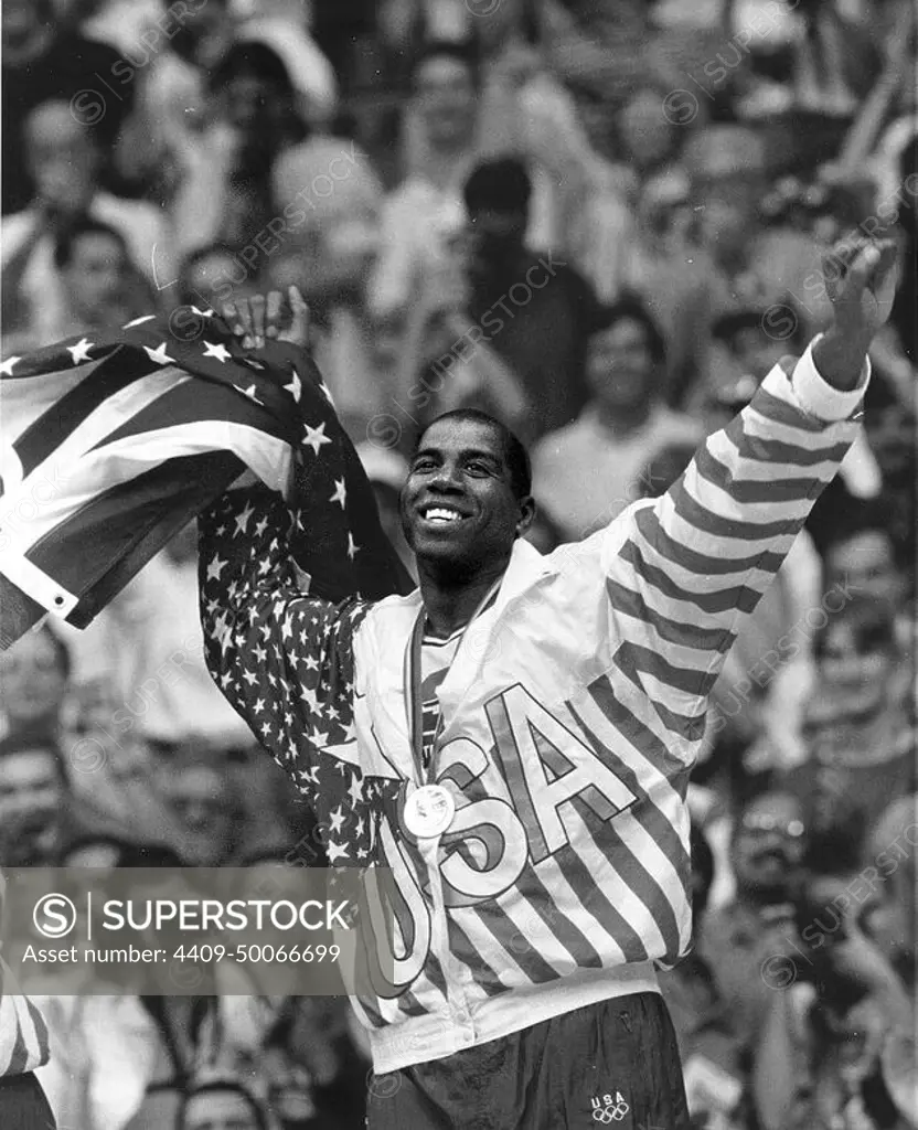 08/07/1992. Magic Johnson Celebrating winning the gold medal at the Barcelona 92 Olympic Games.