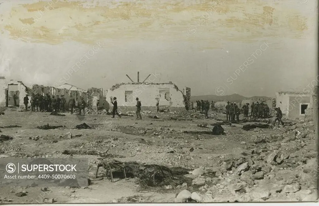 Melilla, 1921. The interior of the Monte Arruit redoubt destroyed by the cannon shots of the Moors during the stay of General Navarro's column.